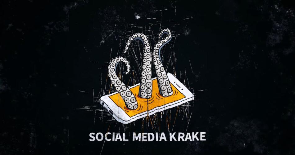 Symbolbild: aus einem Handydisplay kommen Tentakel einer Krake hervor. Darunter der Text: "Social Media Krake"